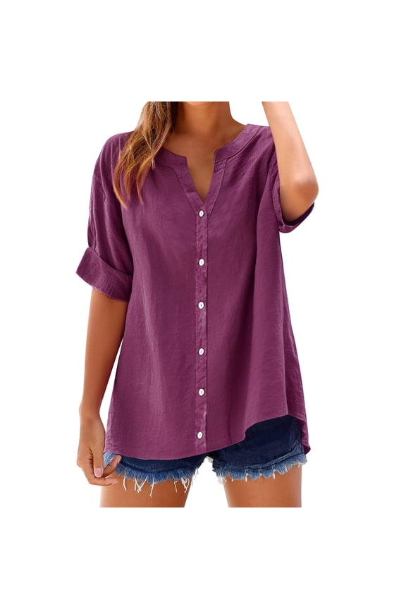 Womens Tops V Neck Button Down Open Front Short Sleeve Tshirts Business Casual Basic Tee Loose Fit