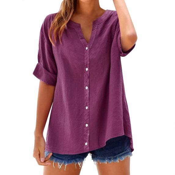 Mashaouyo Womens Tops V Neck Button Down Open Front Short Sleeve Tshirts Business Casual Basic Tee Loose Fit