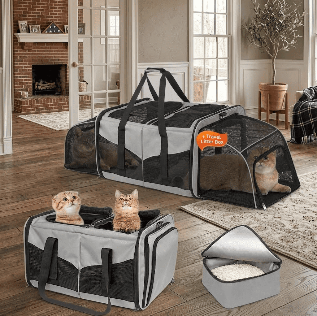 Mashelly Cat Carrying Case,  Protable and Breathable Pet Travel Carrier, Double Compartment Cat & Dog Carrier for 2 Cats, Expandable Double Soft Sided Carrier with 2 Litter Boxes