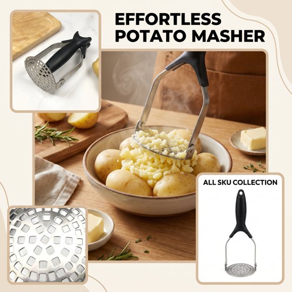 Masher Kitchen Tool, Stainless Steel Cooking Utensil, Dishwasher Safe Hand Masher, Multi-Use Press, 12X3.75 Inch Masher That Smoothly Rices and Mashes Produce for Homemade