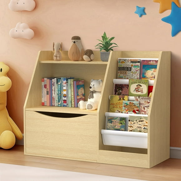 Masiis 3 Tier Teenager Bookshelf, Teenager Bookcase Youngster Bookshelves Natural Toy Storage Organizer with 4 Layer Sling Bookcase for Playroom Teenager Room, Flip-Top Drawers