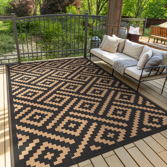 Masiis Outdoor Rugs 5'X8' Reversible Non-Slip Durable Polypropylene Mat for Patio Camping and RV Decor Waterproof Black & Brown