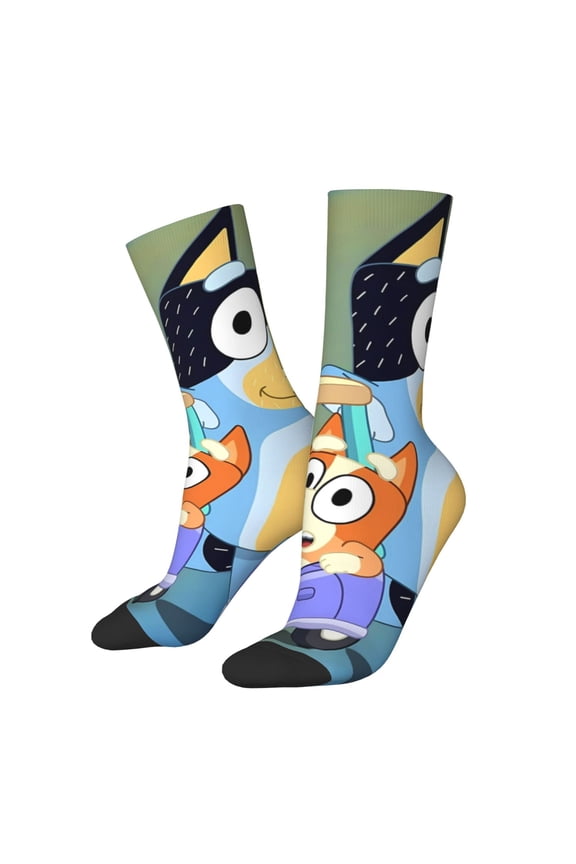 Bluey Pattern Adult Crew Socks, Breathable Color-Block Mid-Calf Socks, Comfortable for Daily Wear and Sports