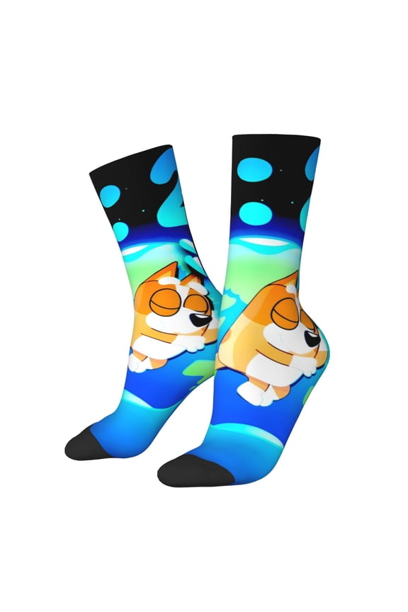 Bluey Pattern Adult Crew Socks, Breathable Color-Block Mid-Calf Socks, Comfortable for Daily Wear and Sports