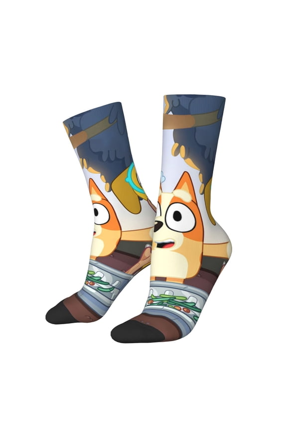 Bluey Pattern Adult Crew Socks, Breathable Color-Block Mid-Calf Socks, Comfortable for Daily Wear and Sports