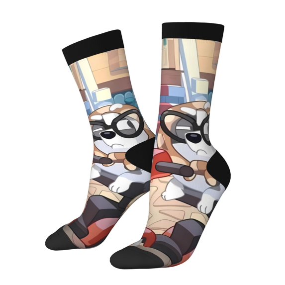 Masiiu Bluey Pattern Adult Crew Socks, Breathable Color-Block Mid-Calf Socks, Comfortable for Daily Wear and Sports