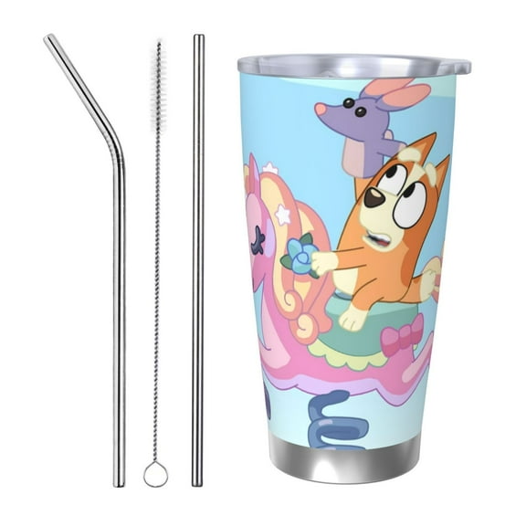 Masiiu Bluey Print 20OZ Car Cup for Travel, Insulated Stainless Steel Cup, Leak-Proof Lid with Straw and Direct Drinking Opening-Straw Three-piece Set