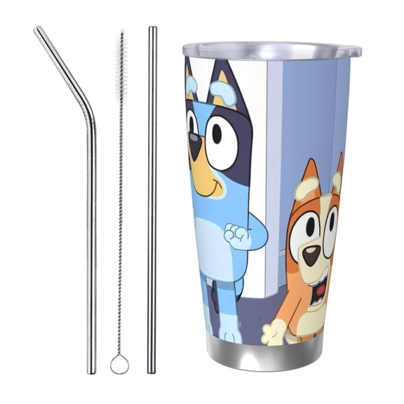 Masiiu Bluey Print 20OZ Car Cup for Travel, Insulated Stainless Steel Cup, Leak-Proof Lid with Straw and Direct Drinking Opening-Straw Three-piece Set