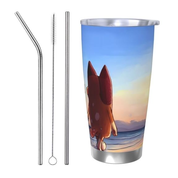 Masiiu Bluey Print 20OZ Car Cup for Travel, Insulated Stainless Steel Cup, Leak-Proof Lid with Straw and Direct Drinking Opening-Straw Three-piece Set
