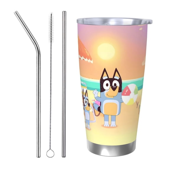 Masiiu Bluey Print 20OZ Car Cup for Travel, Insulated Stainless Steel Cup, Leak-Proof Lid with Straw and Direct Drinking Opening-Straw Three-piece Set