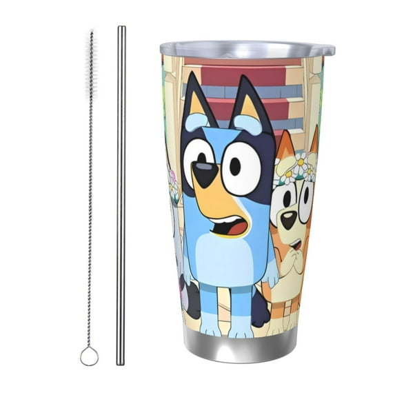 Masiiu Bluey Print 20OZ Car Cup for Travel, Insulated Stainless Steel Cup, Leak-Proof Lid with Straw and Direct Drinking Opening-Straw Two-piece Set