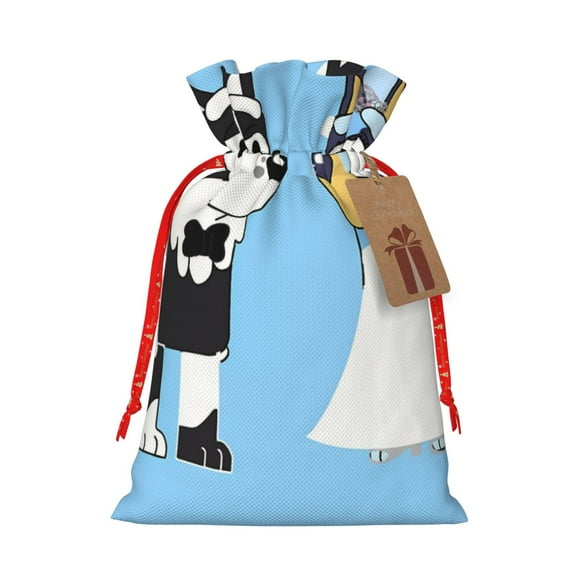 Masiiu Bluey Print Christmas Gift Bag, Burlap Drawstring Pouch with Kraft Paper Card for Holiday, Party, and Birthday Wrapping-Medium