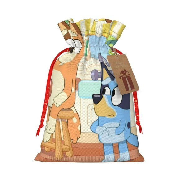 Masiiu Bluey Print Christmas Gift Bag, Burlap Drawstring Pouch with Kraft Paper Card for Holiday, Party, and Birthday Wrapping-Small