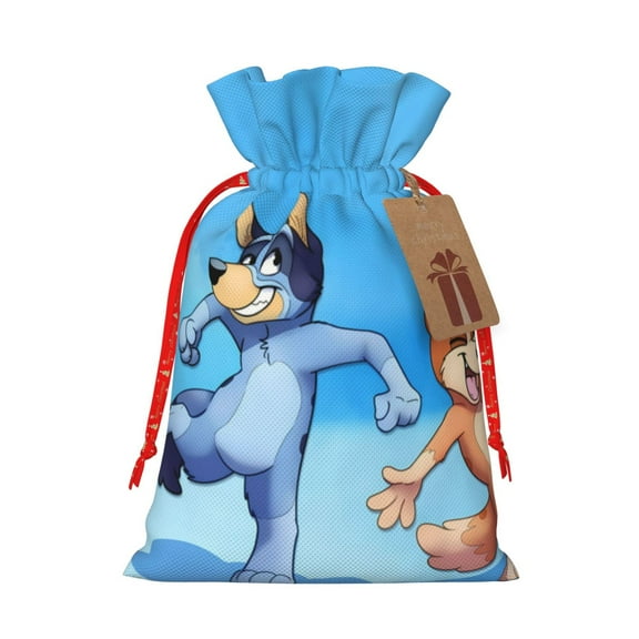 Masiiu Bluey Print Christmas Gift Bag, Burlap Drawstring Pouch with Kraft Paper Card for Holiday, Party, and Birthday Wrapping-Small