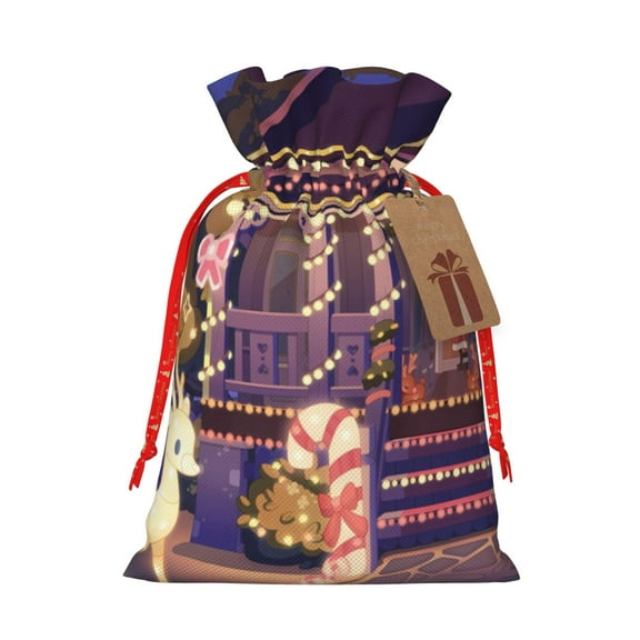 Masiiu Bluey Print Christmas Gift Bag, Burlap Drawstring Pouch with Kraft Paper Card for Holiday, Party, and Birthday Wrapping-Small