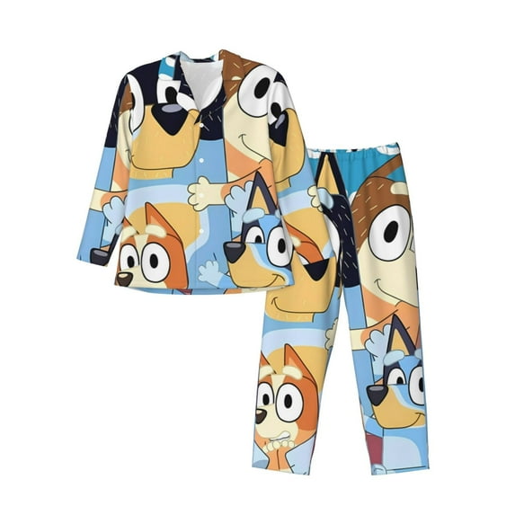 Masiiu Bluey Print Men's Long-Sleeved Pajama Set, Classic Collar, Button Front, Comfortable Fit, Side Pockets-Small