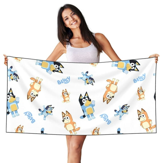Masiiu Bluey Print Silver Fox Velvet Beach Towel, Soft Towel for Beach, Swimming, and Travel, 27.5x55in