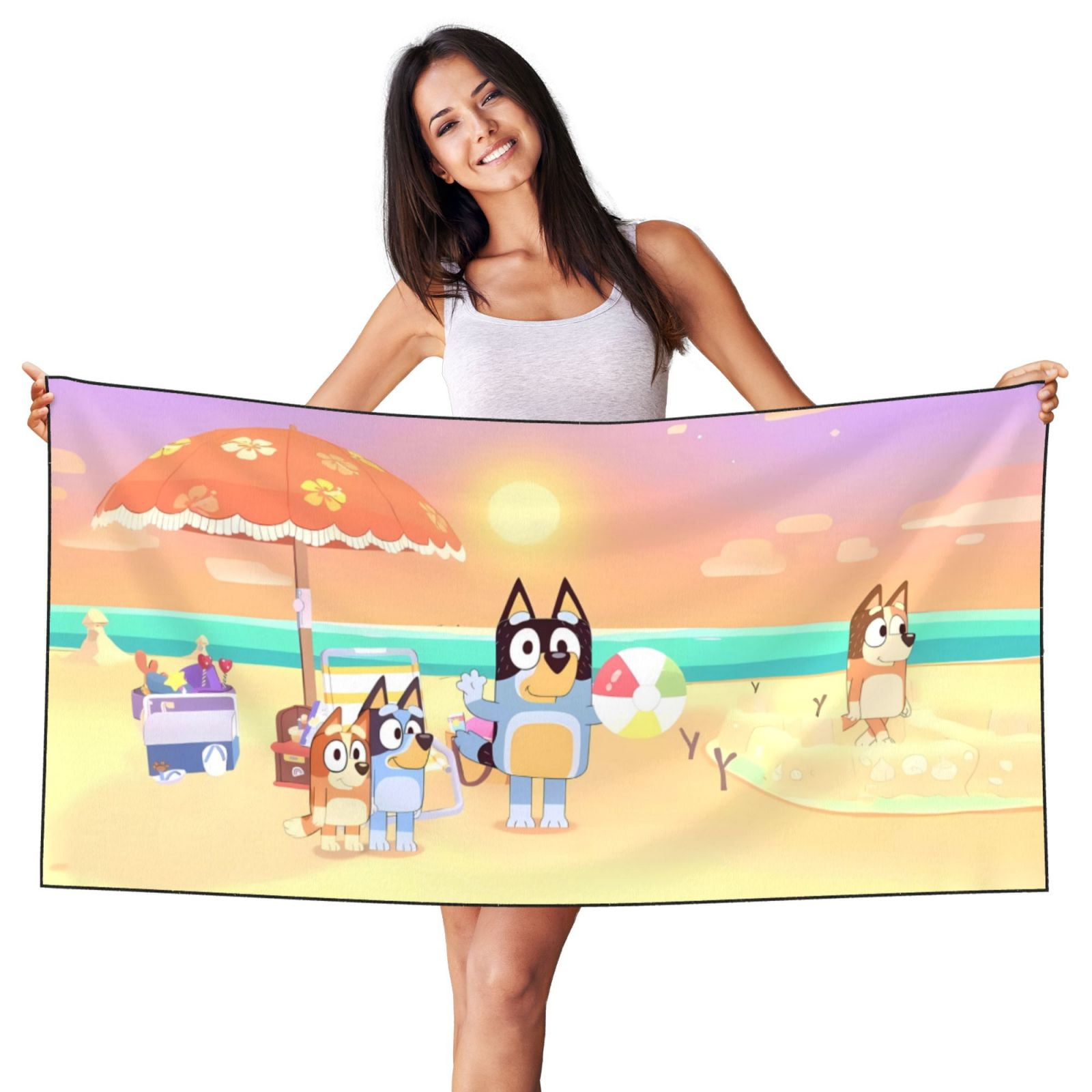 Masiiu Bluey Print Silver Fox Velvet Beach Towel, Soft Towel for Beach, Swimming, and Travel, 27.5x55in