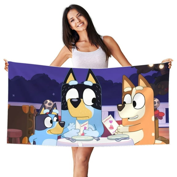 Masiiu Bluey Print Silver Fox Velvet Beach Towel, Soft Towel for Beach, Swimming, and Travel, 27.5x55in