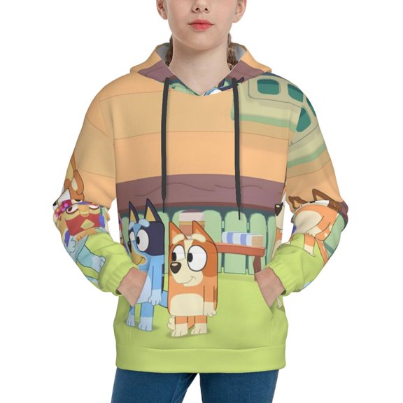 Masiiu Bluey Print Youth Hoodie Drawstring Hood, Kangaroo Pocket, Casual & Functional Design-X-Large