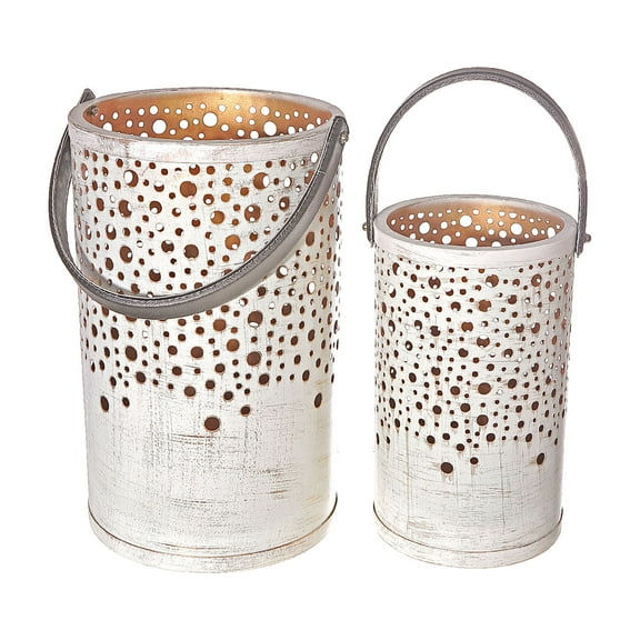 Masion Concepts Metal Cutout Luna Lantern Set Of 2 ,Antique White,Metal, 8 L x 8 W x 13 H