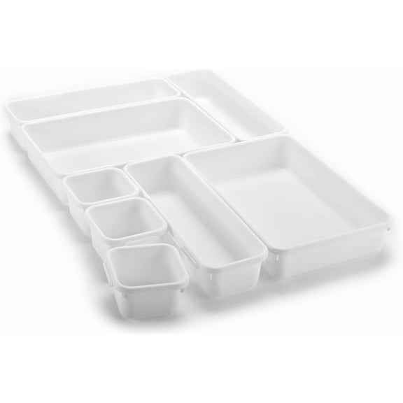 Masirs Interlocking Drawer Organizer Bins - Durable Plastic, Various Sizes for Custom Layout Design. Great for Desk Drawer, Tool Box or Garage Organization. (White | 8-Piece Set)