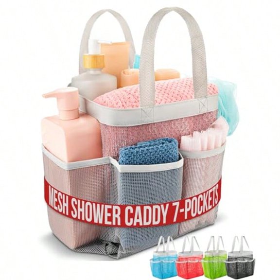 Masirs Mesh Shower Caddy - 7 Pocket Portable Bathroom Organizer Tote for Travel Gym and Dorm - Collapsible Small Shower Caddy Bag to Hold Toiletries and Essentials Gray