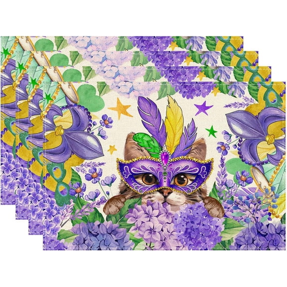 Mask Cat Iris Fleur De Lis Flowers Mardi Gras Placemats Set of 4 Carnival Table Mats for Masquerade Party Home Kitchen Dining Table Decorations 12x18 Inch