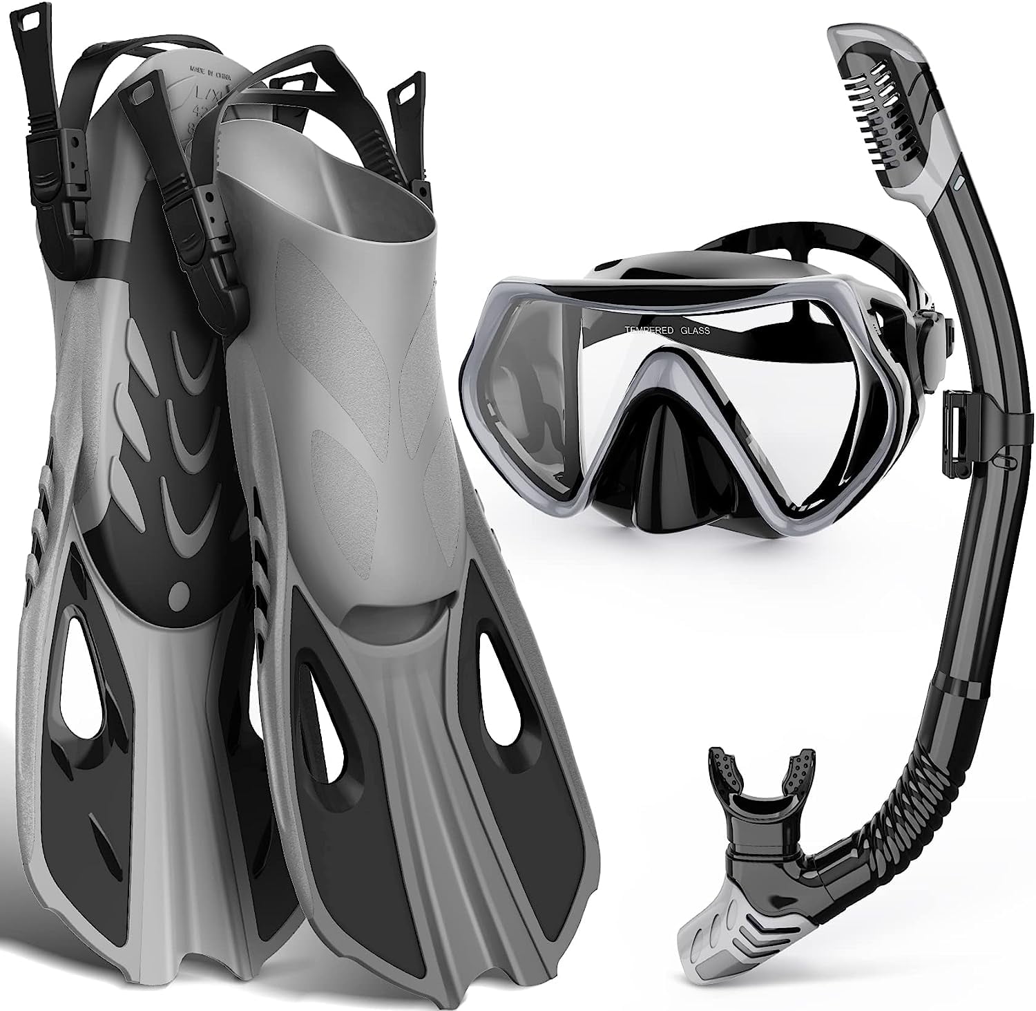 Mask Fin Snorkel Set, Snorkeling Gear for Adults with Panoramic View Mask, Dry Top Snorkel