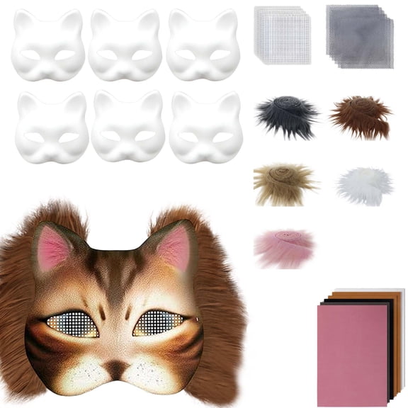 DIY Therian Mask Kit,Cat Masque DIY Set Paper Cat Masque with Eye Mesh Fur Unfinished Cat Masque for Kids Adults DIY Painting 6Pcs