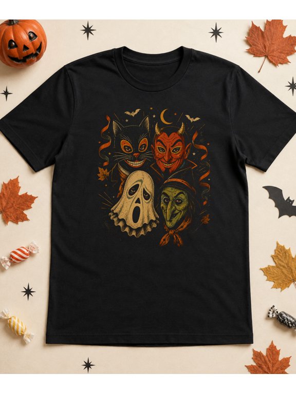 Mask Parade Retro Halloween Shirt Costume Party Devil Witch Cat Ghost Tee XS-5XL