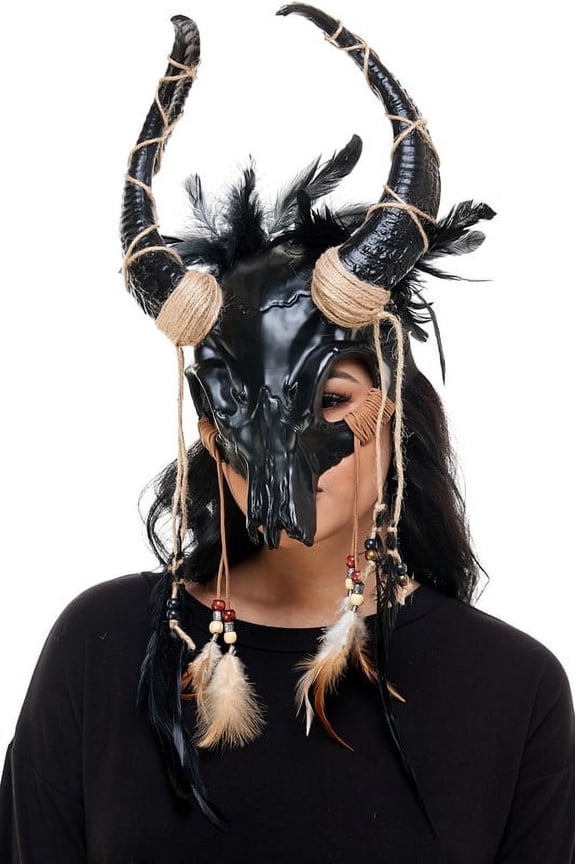 Black Voodoo Skull Head Piece with Horns Costume Accessory