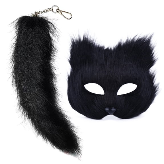 Mask and Tail for Women Girls Fuzzy Cats Foxes Wolf Mask Tail Keychain Cosplays Halloween Costume