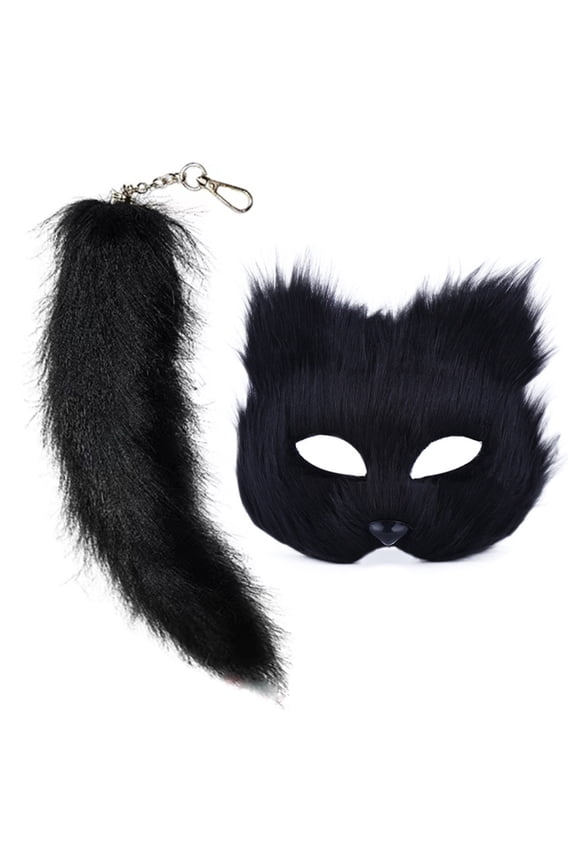 Mask and Tail for Women Girls Fuzzy Cats Foxes Wolf Mask Tail Keychain Cosplays Halloween Costume