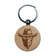 thumbnail image 1 of Masked Cowboy Bandit Highwayman with Hat and Bandana Round Keychain Charm Tag - Engraved Wood, 1 of 6