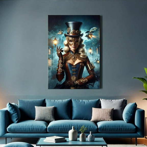 Masked Lady of the Steampunk Night Canvas Print – Mysterious Victorian Art, Gothic Industrial Wall Decor