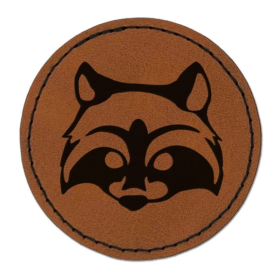 Masked Raccoon Trash Panda Head 2.5" Faux Leather Round Engraved Iron-On Patch - Brown
