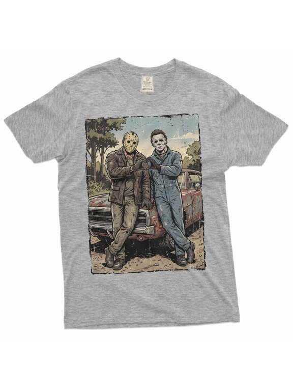 Masked Slasher Duo Myers Shirt Horror Movie Halloween Creepy Graphic Tee (Small Grey)