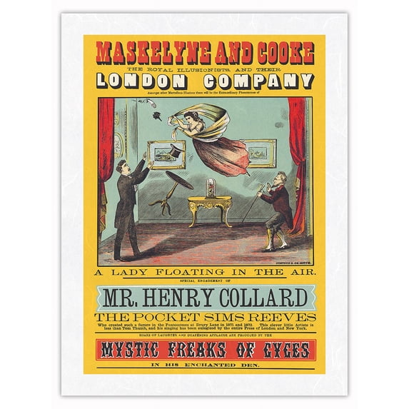 Maskelyne and Cooke - A Lady Floating in the Air Illusion - at the Egyptian Hall - Vintage Magic Poster c.1873 - Japanese Unryu Rice Paper Art Print (Unframed) 12 x 16 in