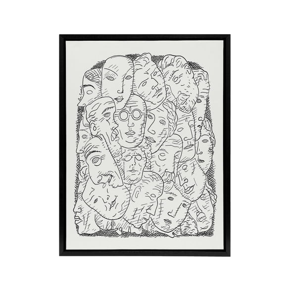 Maskers Masks Black And White Drawing Gestel Black Framed Canvas Wall Art 24x32"