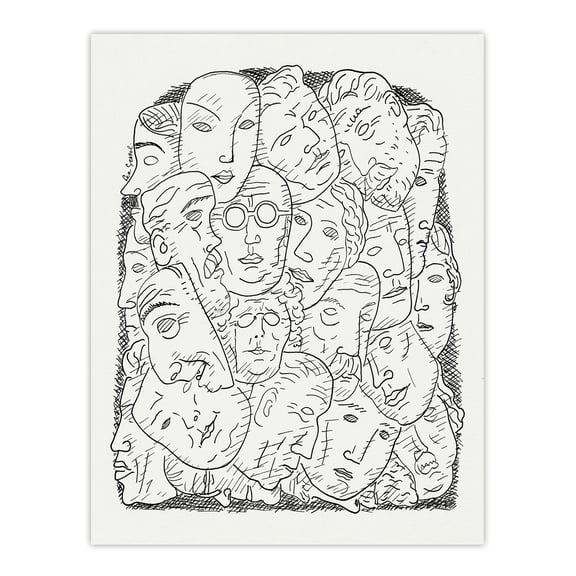 Maskers Masks Black And White Drawing Gestel Huge Wall Art Print 18X24 In