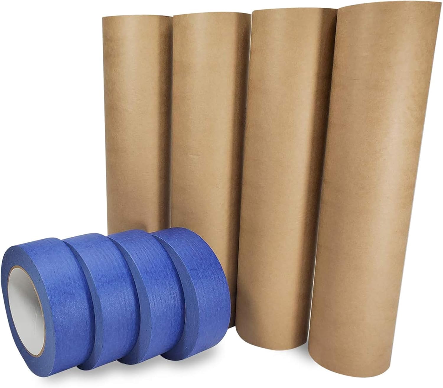 Masking Paper and Tape Set - 12" x 60 Yards Brown Masking Paper (4 Rolls) and 1.41" x 60 Yards Blue Painter’s Tape (4 Rolls) - Masking Kit for Painting and Home Improvements