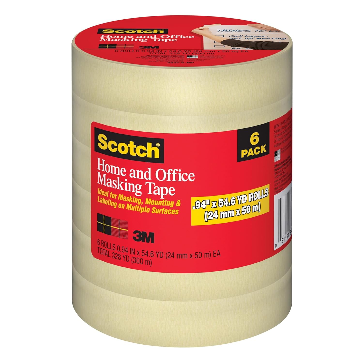 Masking Tape, 6 Rolls, 0.94 in x 54.6 yd, Great for Everyday Use, Strong Adhesive, Tan Masking Tape (3437-6)