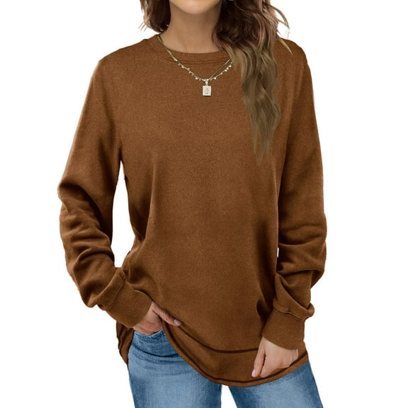 Maskion Sweatshirts for Women Crewneck Long Sleeve Shirts Tunic Tops for Leggings,L Caramel