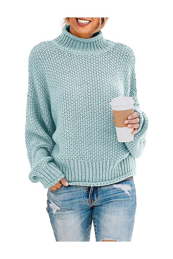 Women's 2023 Turtleneck Batwing Sleeve Loose Oversized Chunky Knitted Pullover Sweater Jumper Tops,M Aqua Blue