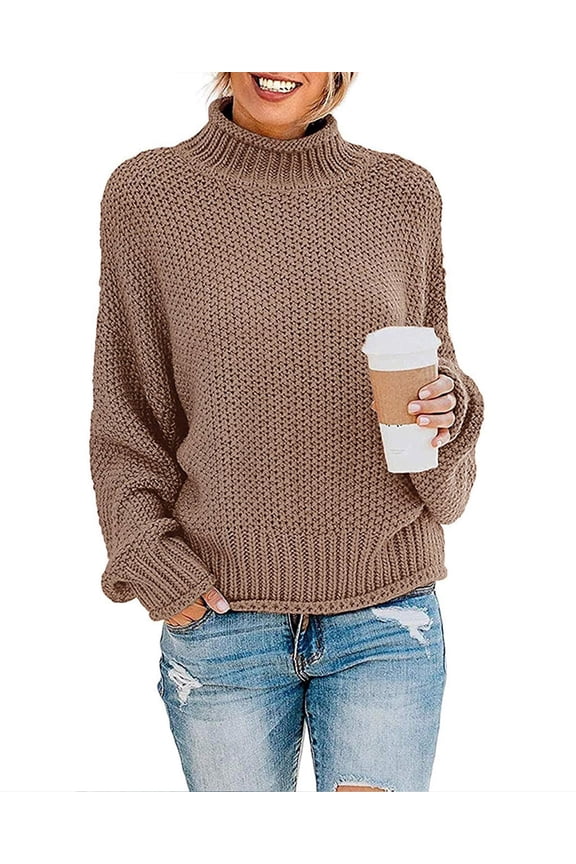 Women's 2023 Turtleneck Batwing Sleeve Loose Oversized Chunky Knitted Pullover Sweater Jumper Tops,M Khaki