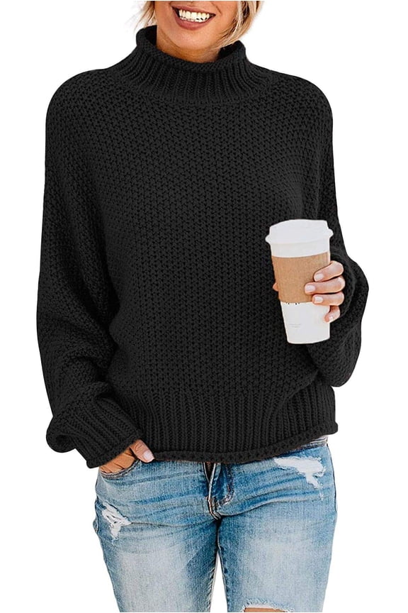Women's 2023 Turtleneck Batwing Sleeve Loose Oversized Chunky Knitted Pullover Sweater Jumper Tops,XL Black