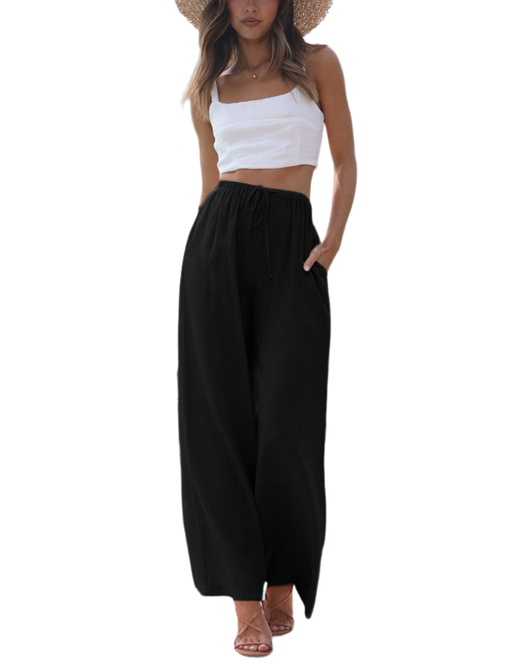 ZESICA Women's Summer Linen Wide Leg Flowy Palazzo Pants Casual High  Waisted Loose Trousers with Pockets,Almond,Small at  Women's Clothing  store