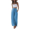 thumbnail image 1 of Maskion Women's Cotton Linen Summer Palazzo Pants Flowy Wide Leg Beach Trousers with Pockets,M Blue, 1 of 7