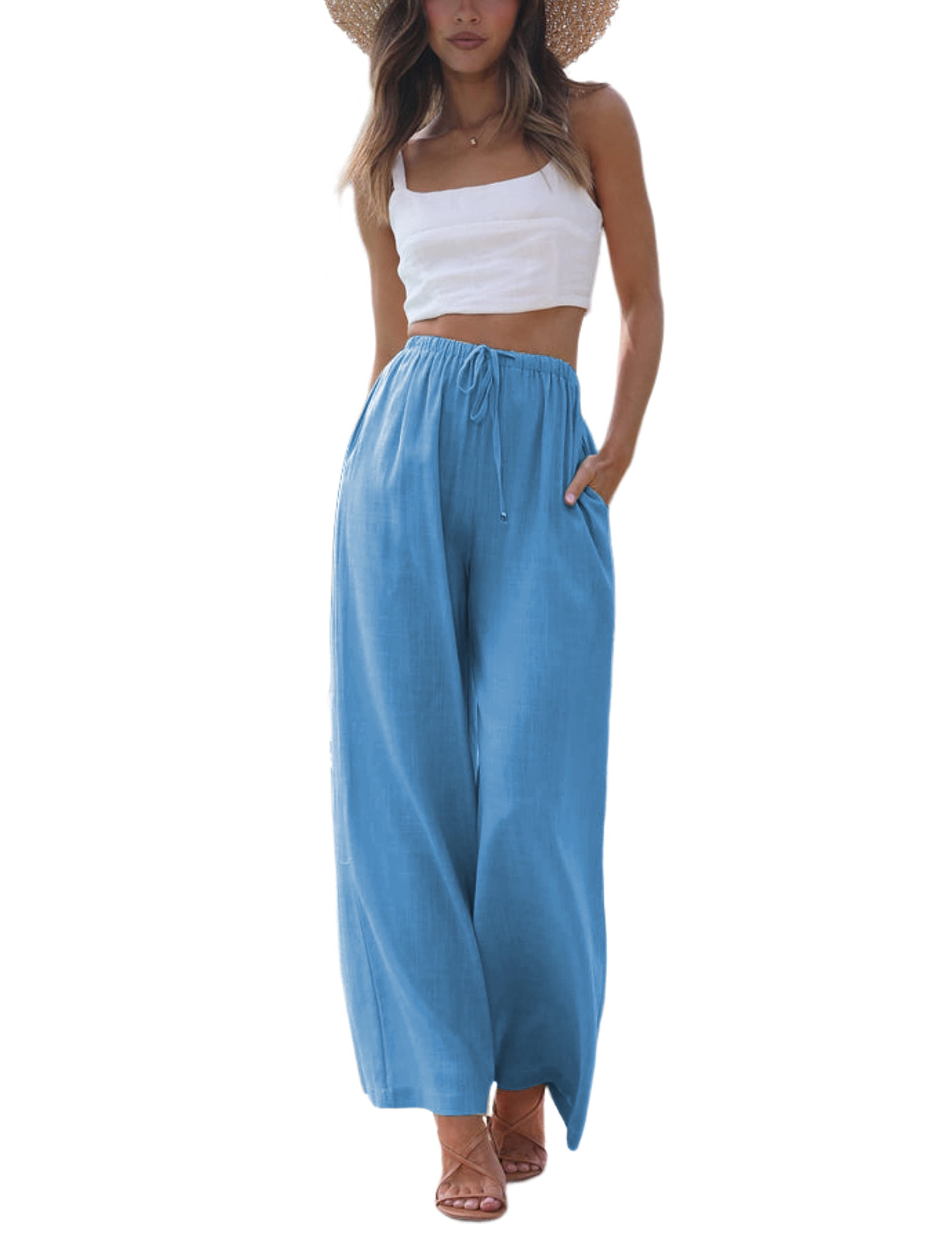 Maskion Women's Cotton Linen Summer Palazzo Pants Flowy Wide